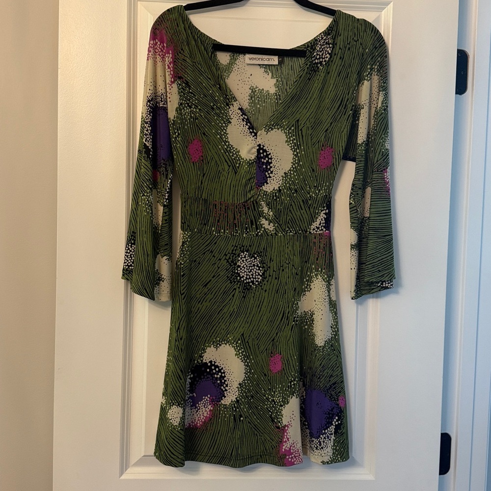 Veronica M Green and Purple V-Neck Dress sz S